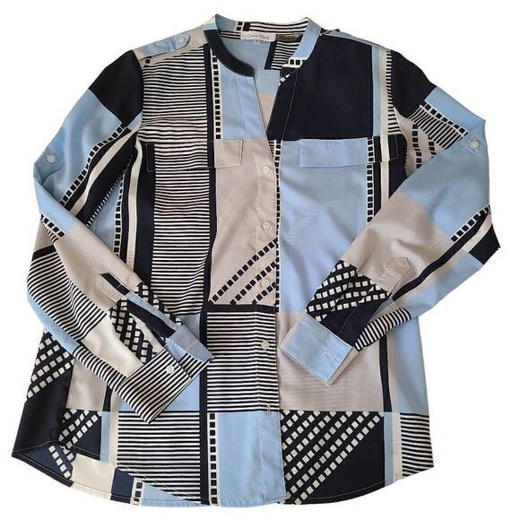 Calvin Klein Womens Button Front Blue Print Blouse Size Small - Picture 2 of 12